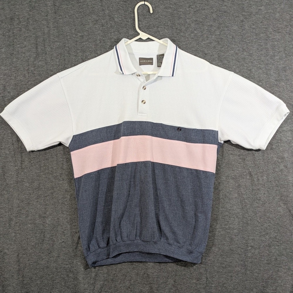 Taylor & Henry Waffle Knit Banded Hem Polo Shirt White Pink Charcoal Size L